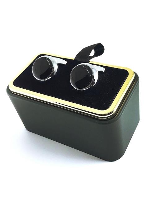 Kravatkolik Gümüş Renk Siyah Detay Yuvarlak Kol Düğmesi Kd1499