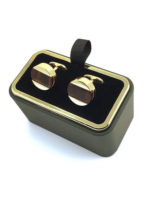 Kravatkolik Altın Renk Kahverengi Taşlı Yuvarlak Kol Düğmesi Kd1248