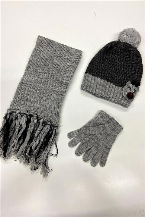 Deafox Gri Yüksek Kalite 4-8 Yaş Atkı Bere Eldiven Takımı