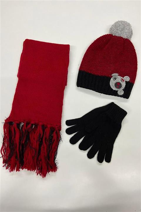 Deafox Kırmızı 4-8 Yaş Atkı Bere Eldiven Takımı