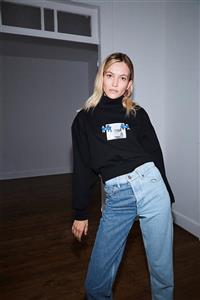 GRIMELANGE Frances Kadın Siyah Baskılı Balıkçı Yaka Oversize Sweatshirt