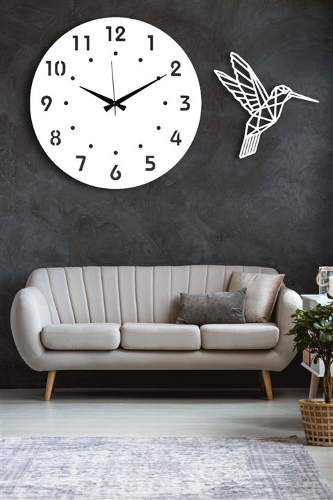 LUPOKRAFT Dekoratif Beyaz Duvar Saati + Kuş Tablo