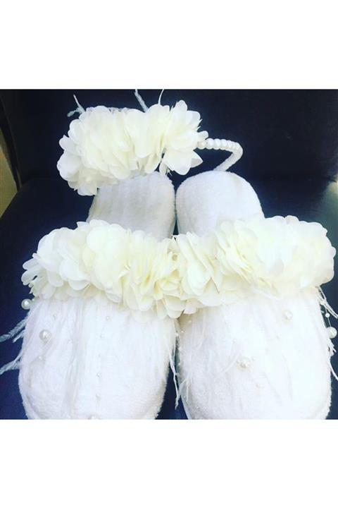 Pembe Mavi Kadın Beyaz Lohusa Terlik Taç Seti