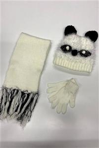 Deafox Kremrengi Peluş 3-6 Yaş Çocuk Atkı Bere Eldiven Seti