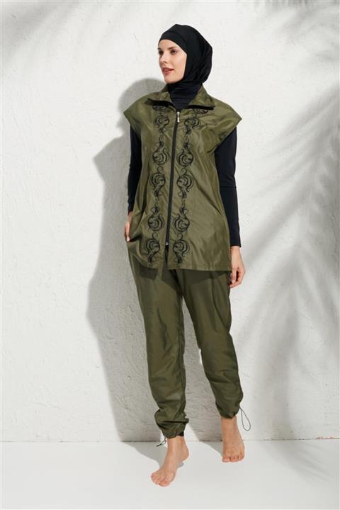 Pierre Cardin Uzun Kollu Fermuarlı Yelekli Dokuma Tesettür Mayo Haki 191901