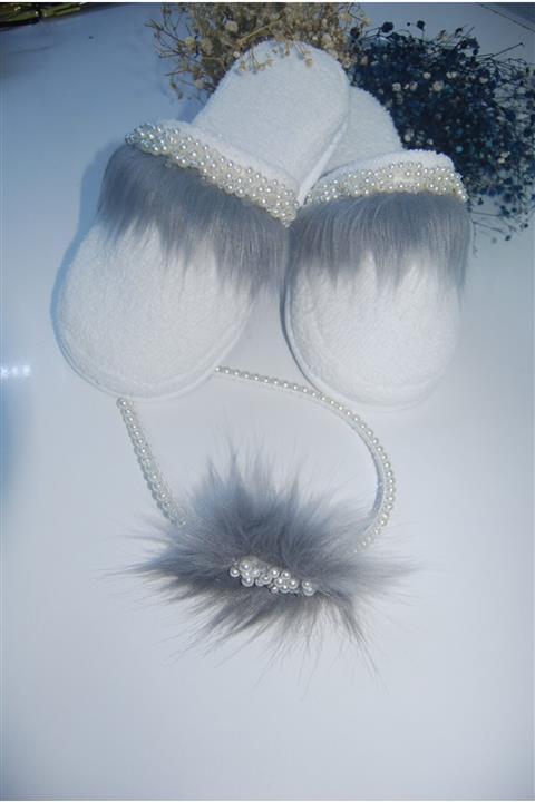 BM TİCARET Gri Tüylü Incili Lohusa Terlik Taç Seti