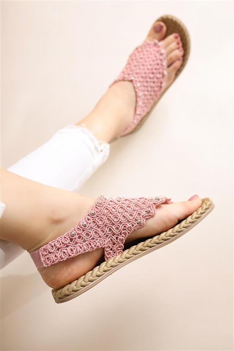 Limoya Pudra Triko Taş Detaylı Eva Tabanlı Sandalet