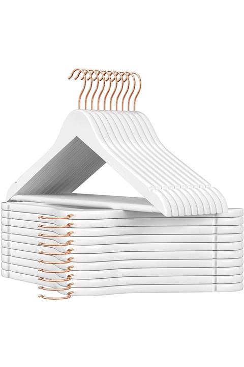 Onouqo Ahşap Askı Beyaz Gold Kıyafet,elbise Askısı Askılığı Gömlek Askısı Pantolon Askısı 24.adet