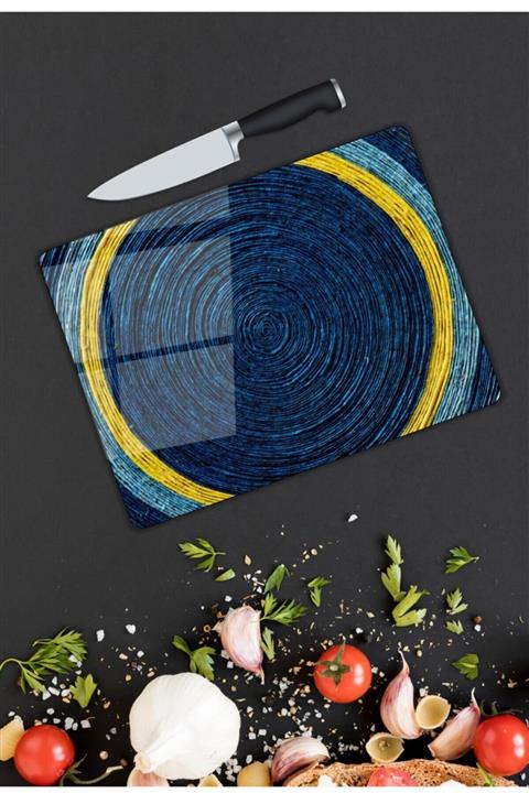 Pi Dekorasyon Mavi Halkalar Cam Kesme Tahtası 25x35 cm