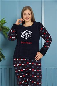 Muka Kadın Lacivert Hello Winter Yazılı Kalpli Kar Desenli Polar Peluş Pijama Takımı