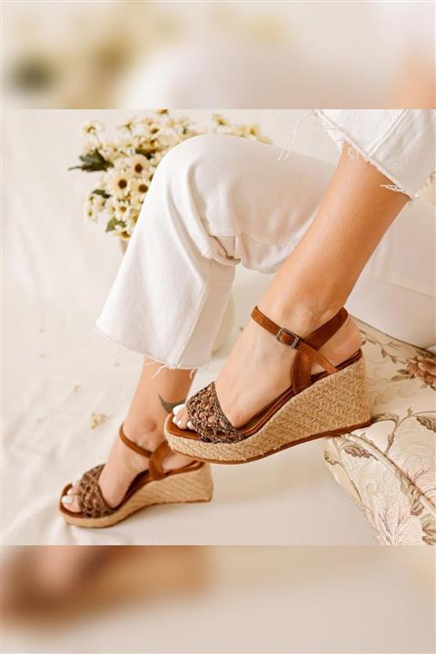Limoya Kadın Taba Örgü Bantlı Hasır Dolgu Topuklu Platformlu Sandalet