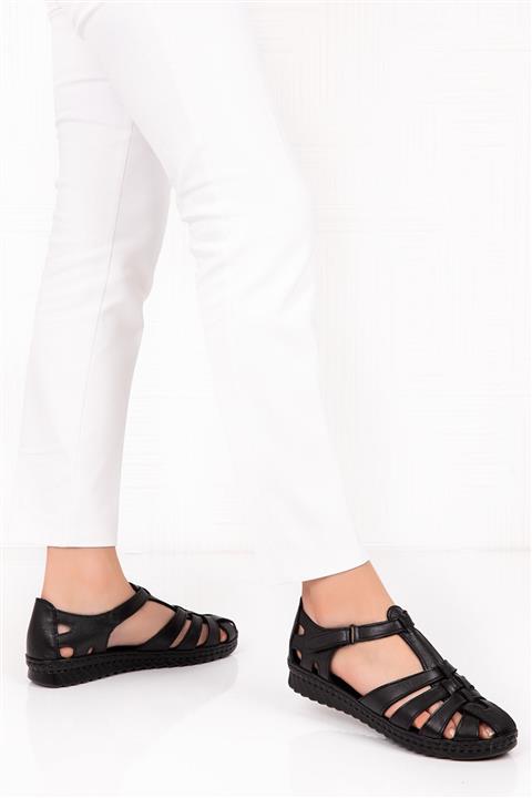 Pelle Piel Kadın Deri Ortopedik Taban Siyah Sandalet