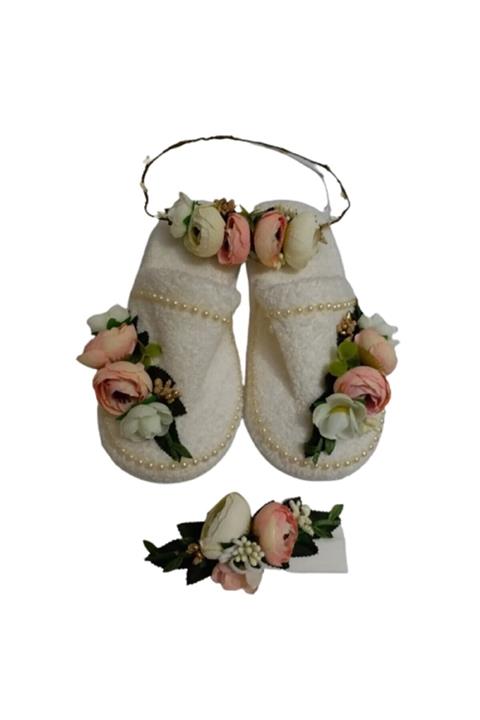 Azebu Bayan Beyaz Lohusa Çember Taç Lohusa Terliği Ve Yaka Çiçeği Takım