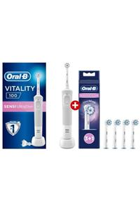 OralB D100 Vitality Sensi Ultrathin White Box Şarjlı Diş Fırçası + Oral- B Sensitive Clean 3+1 Yedek