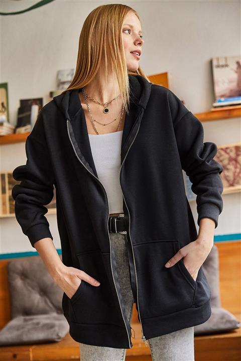 Olalook Kadın Siyah İçi Polarlı Fermuarlı Oversize Kalın Sweatshirt SWT-19000451
