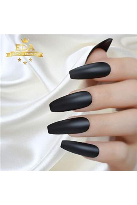 EDA LUXURY BEAUTY Siyah Mat Takma Tırnak Lüks Sade Extra Uzun Kare Coffin Ballerina Nail Art Yapıştırıcılı Set