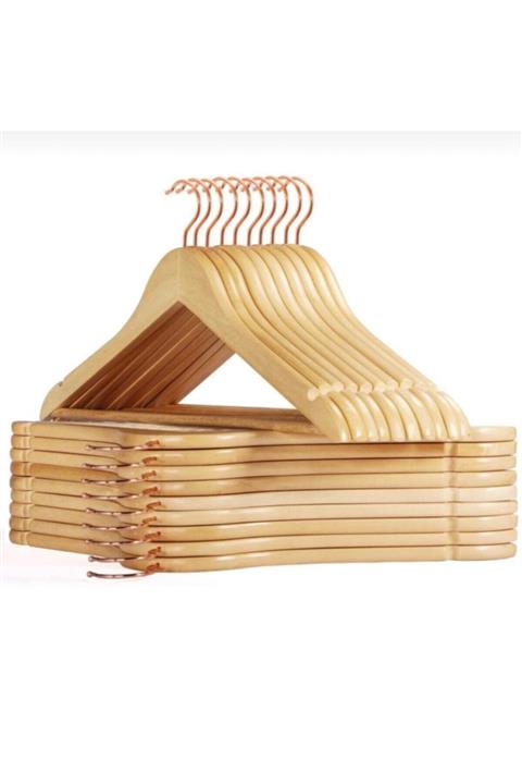 Hepsi 1 Group Naturel Ahşap Askı Kıyafet Elbise Gömlek Ve Pantolon Askısı 12 Adet Gold Kancalı Özel Seri