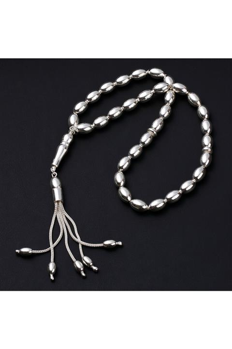 MELDİ 925 Ayar Arpa Kesim Parlak Gümüş Tesbih