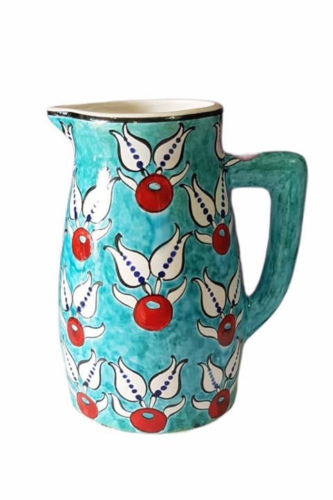 BAŞKA Bİ'YER Lale Desenli Turkuaz Zemin 18 Cm Çini Sürahi