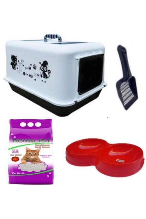 OPTİMAL Kedi Kapalı Tuvalet Kabı (Kürek, 10 Lt Bentonit Parfümlü Kum, Ve Çiftlı Mama Kabı Hediyeli)