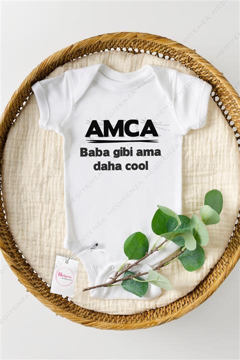 Hediyenza Unisex Beyaz Amca Baba Gibi Ama Daha Cool Baskılı Yarım Kollu Body  Zıbın