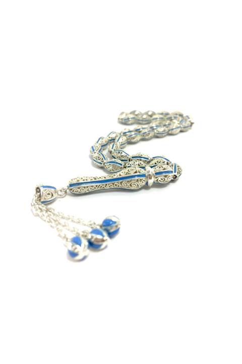 TESBİHPERVER Telkari 925 Ayar Gümüş Mineli Mavi Tesbih