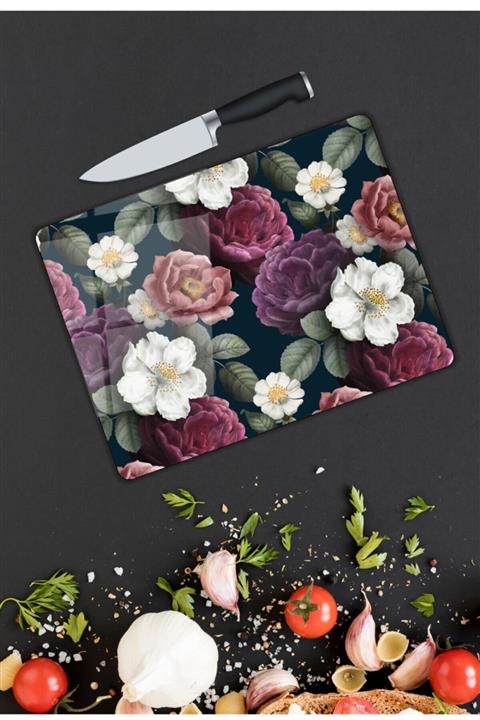 Pi Dekorasyon Renkli Çiçekler Cam Kesme Tahtası 25 cm x 35 cm