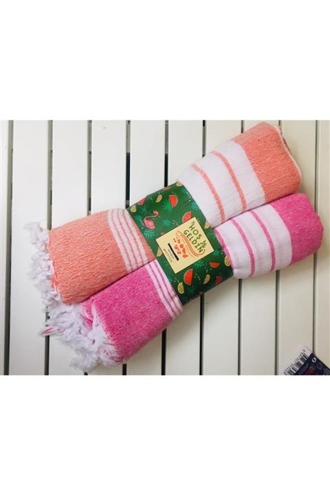 rosa bianca Pembe Ve Turuncu Yıkanmış Pamuk Peştemal Seti