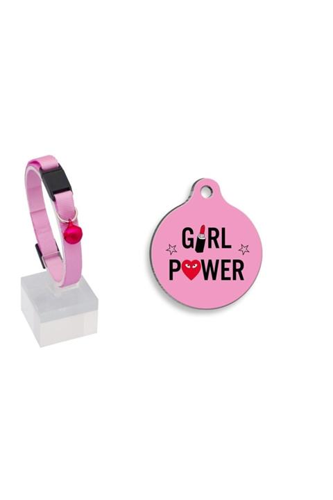 Thepassage Girl Power Çelik Kaplama Kedi Künyesi+pembe Kedi Tasması