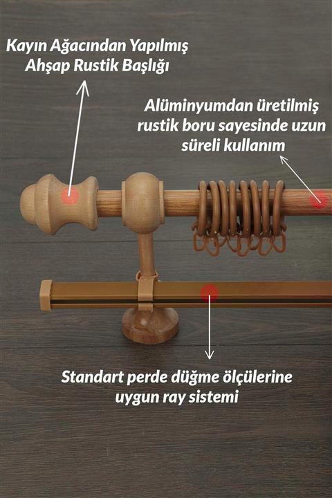 HLMSTOR 150 Cm Meşe Açık Kahve Ahşap Rustik Perde Askısı - Raylı Rustik Boru
