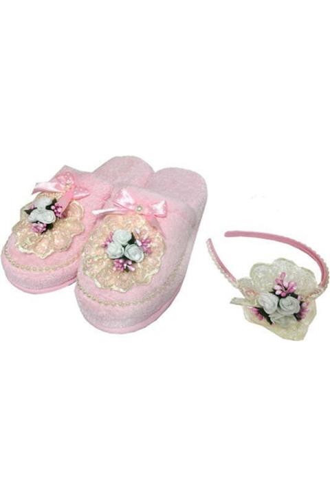 Azebu Lohusa Terliği Pembe Renk Süslü Lateks Gülcipsolu