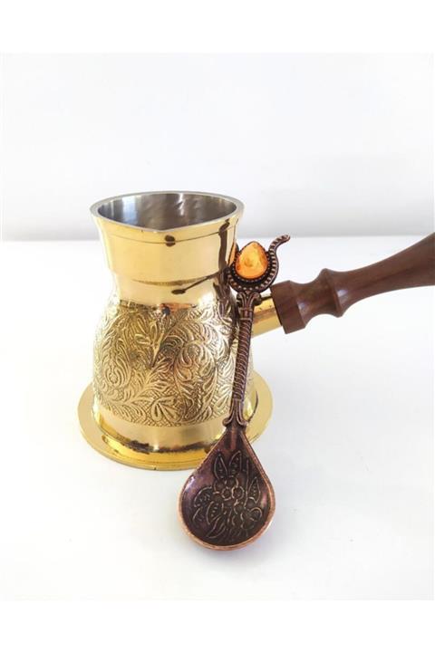 Hd Marketim 2 Kişilik Pirinç Cezve Kaşıklı El Işçiliği Sarı Renk 150ml
