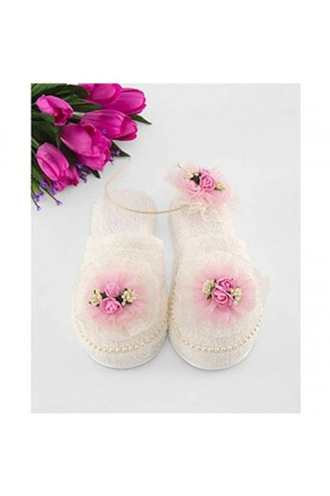 Azebu Pembe Çiçek Dantelli Lohusa Terlik Taç Seti.