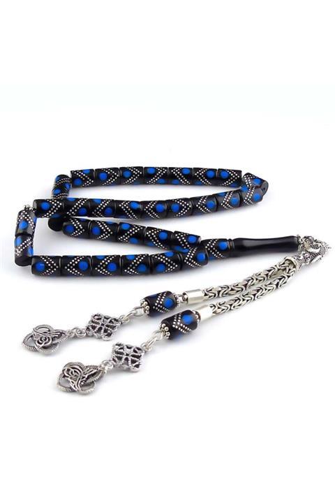 Tesbih Ruyasi Mavi & Gümüş Işlemeli Kesme Oltu Taşı Tesbih