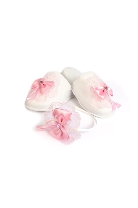 Azebu Güpürlü Pembe Fiyonk Lohusa Kadife Terlik ve Tacı