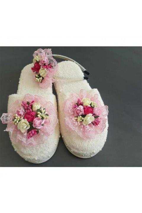 Azebu Lohusa Terlik Ve Taç Açık Pembe Çiçekli