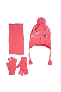 Kitti Koyu Pembe Yıldız Desenli Pullu Atkı Bere Eldiven Set 4-8 Yaş