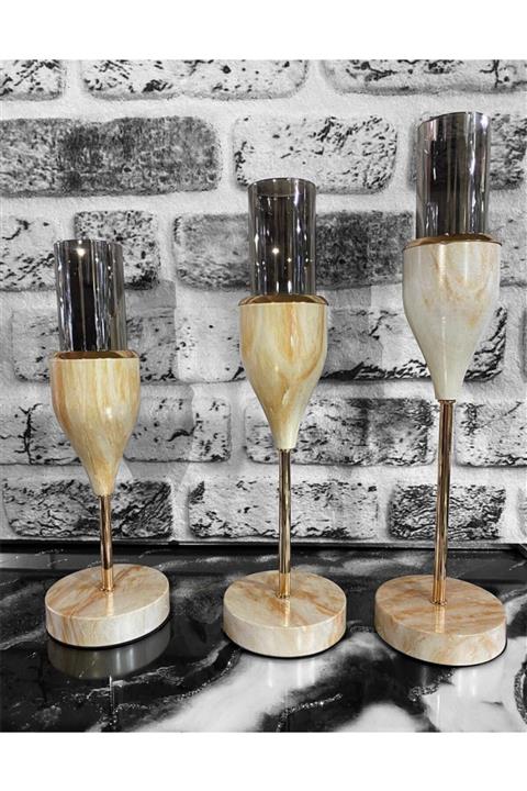 Zeyve Venedik Kadeh Krem Mermer 3lü Şamdan Bz-vn22