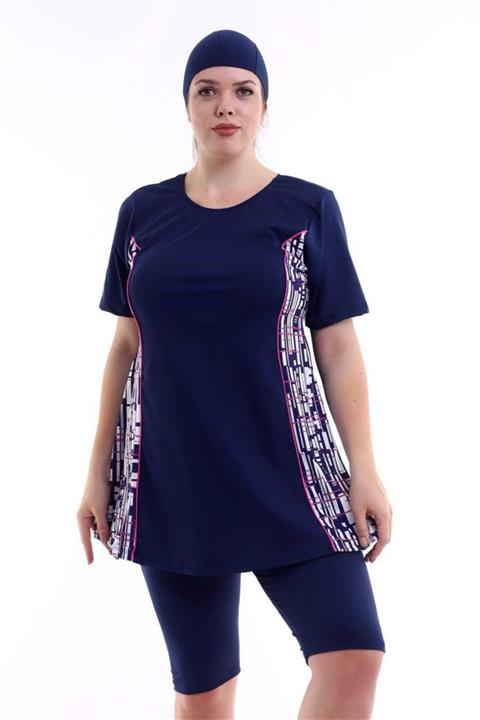 Mayo Dükkani Kadın Likralı Lacivert Kısa Kollu Yanı Desenli Taytlı Mayo