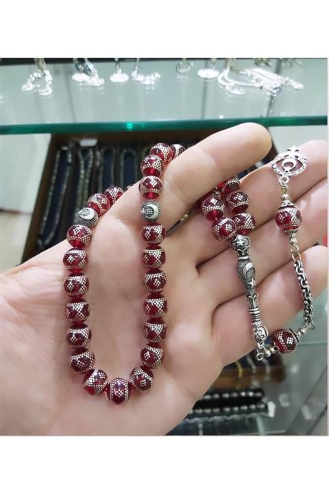 Helen Silver Gümüş Işlemeli Gümüş Imameli Gümüş Püsküllü Kehribar Tesbih