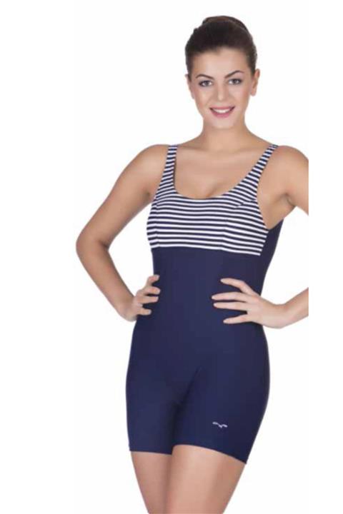 Seamark Kadın Lacivert Çizgi Detaylı Şortlu Yüzücü Mayosu