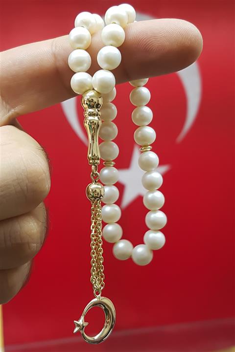 OTTOTESBİH Altın Kaplama Gümüş Aksesuarlı Ayyıldızlı Doğal Inci Tesbih