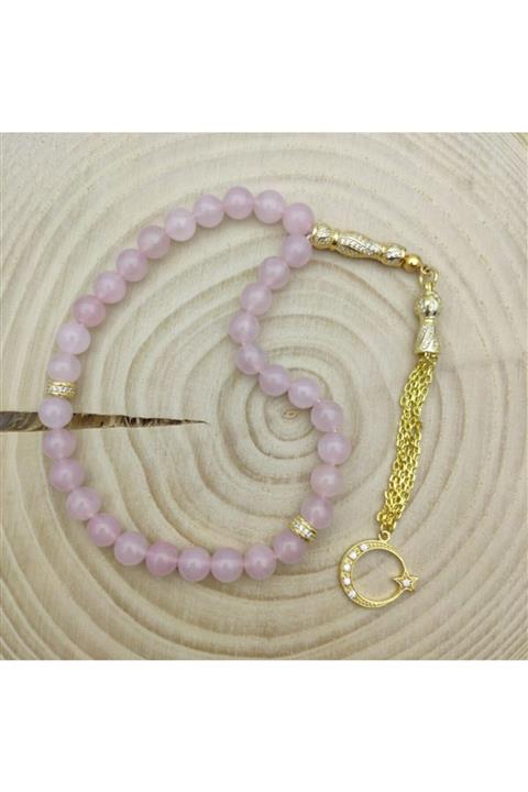 AMBERKAN Gümüş Zirkon Taşlı Imameli Pembe Kuvars Doğal Taşlı Tesbih