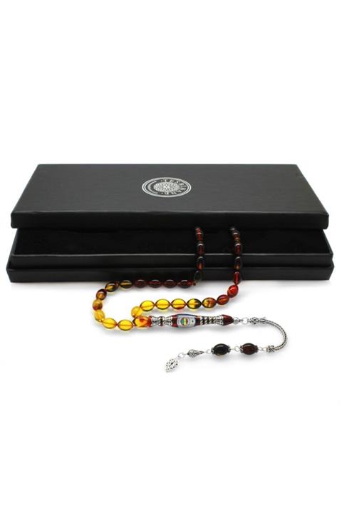 Online Hediye Sepeti 925 Ayar Gümüş Nakkaş Imameli Fenerbahçe Logolu Süzme Bala-siyah Ateş Kehribar Tesbih