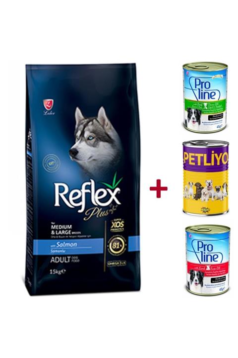 Reflex Plus Somonlu Köpek Maması 15 Kg + 3 Petliyo Konserve