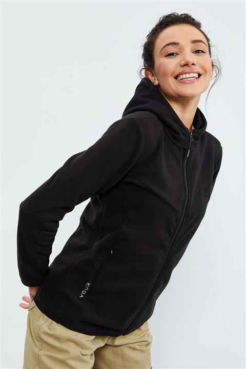 Tommy Life Tommylife Siyah Kadın Kapüşonlu Fermuarlı Yazı Nakışlı Rahat Form Polar Sweatshirt - 97172