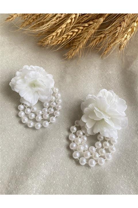 Tubafabric Inci Sallantılı Beyaz Çiçekli Gelin Küpe