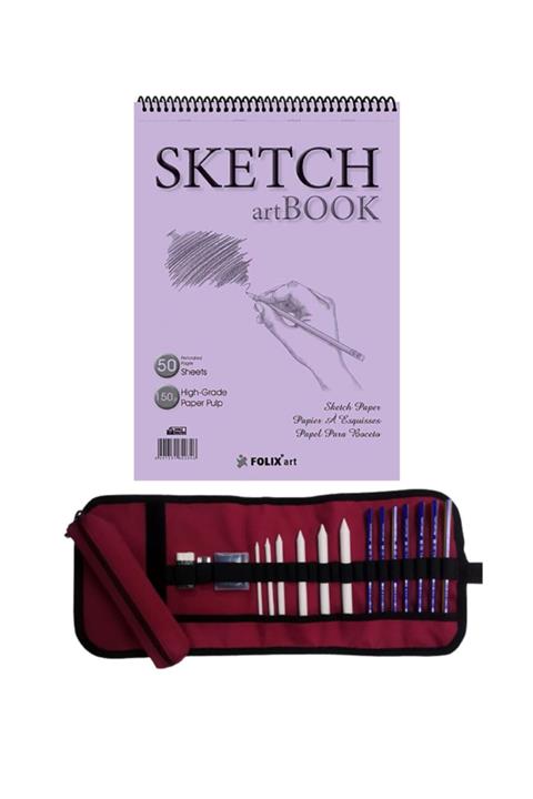 satrik Eskiz Defteri Rulo Kalemlik Çizim Seti 17,3×24,5 Cm Dereceli Kalem Pastel Dağıtma Hamur Silgi
