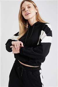 DeFacto Kadın Siyah Renk Bloklu Kapüşonlu Crop Sweatshirt U0854AZ20CW