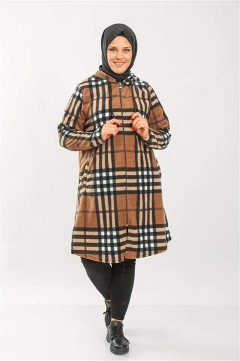 Modakenti Büyük Beden Kapşonlu Fermuarlı Polar Kap - Vizon Dört Çizgi